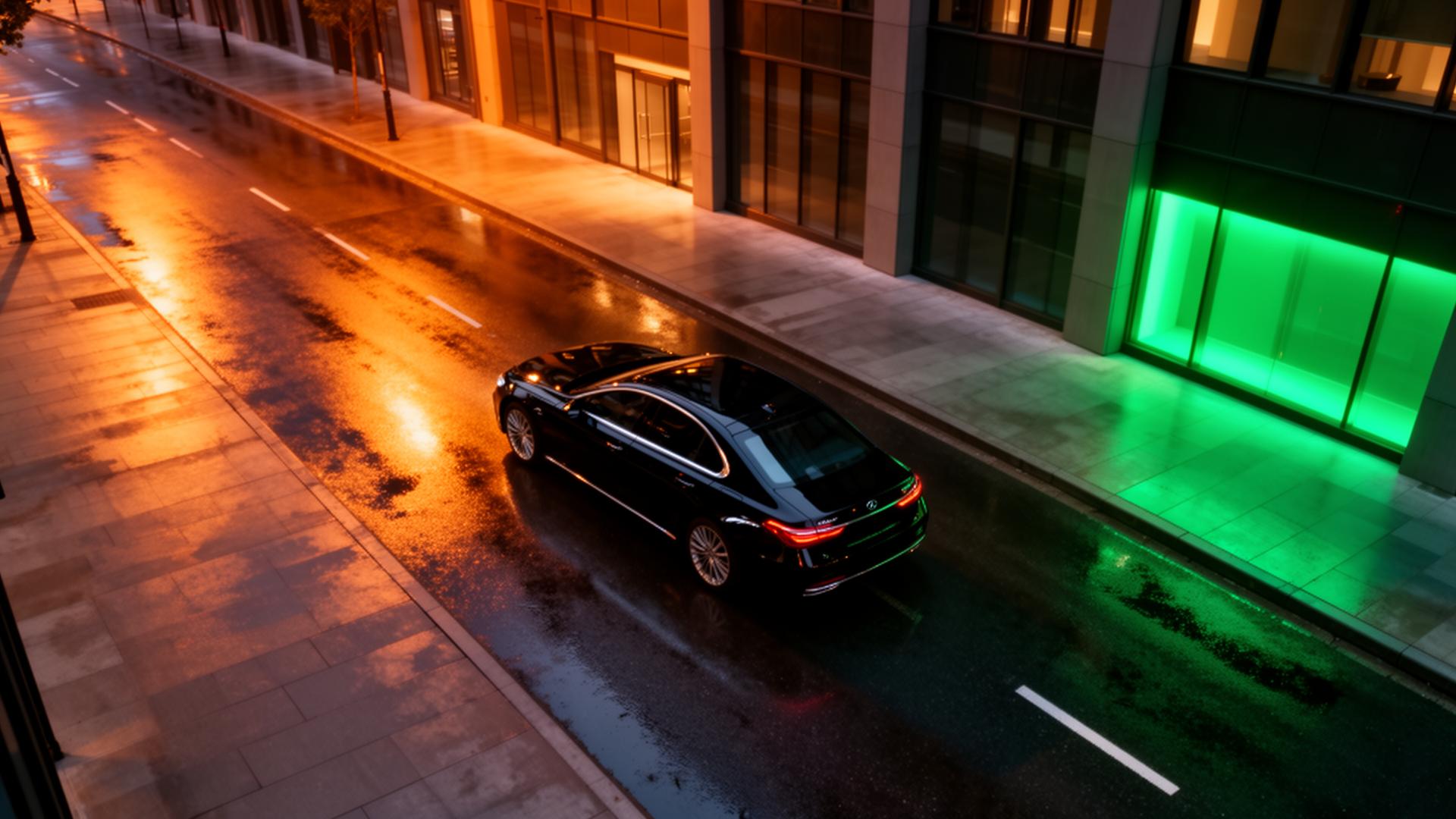 A sleek sedan on a quiet, reflective downtown street at dusk